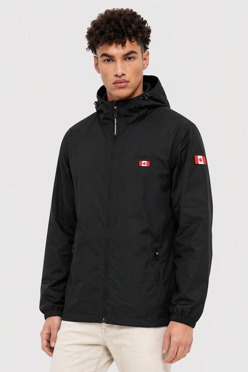Men Embroidered Logo Windbreaker Full Zip Jacket, Black