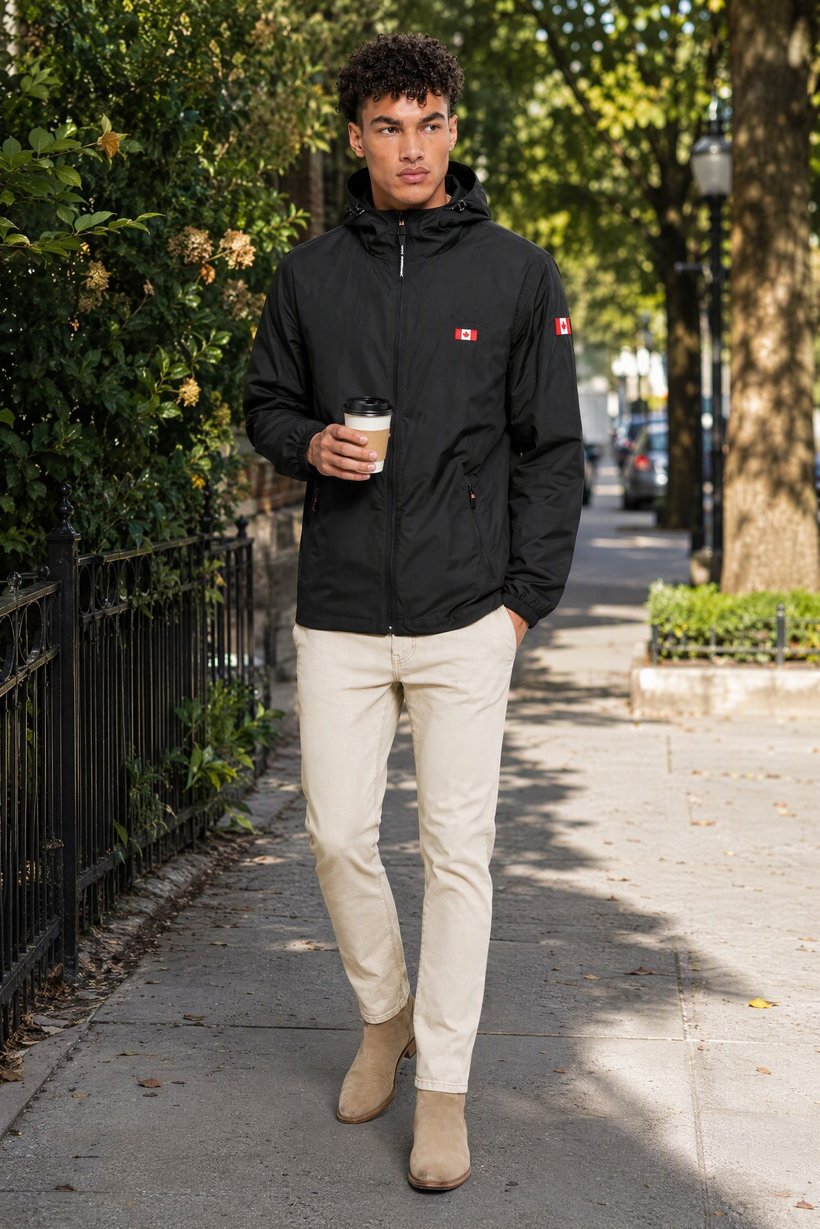 Men Embroidered Logo Windbreaker Full Zip Jacket, Black
