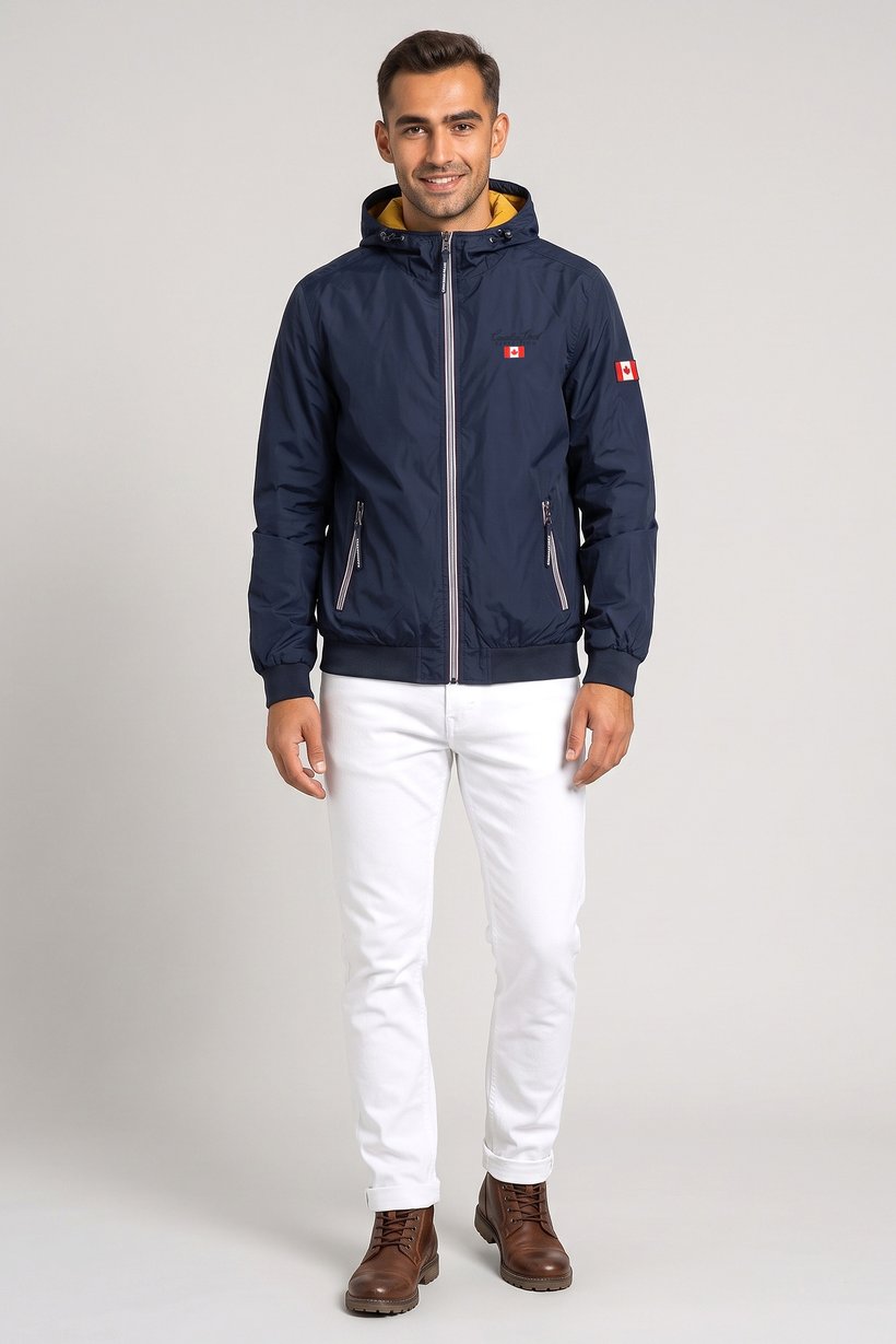 Men Embroidered Logo Windbreaker Full Zip Jacket, Navy Blue
