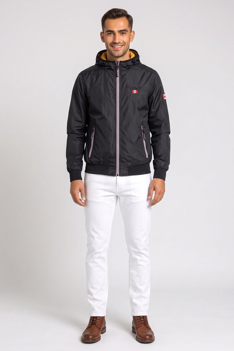 Men Brand Logo Long Sleeve Raincoat, Black