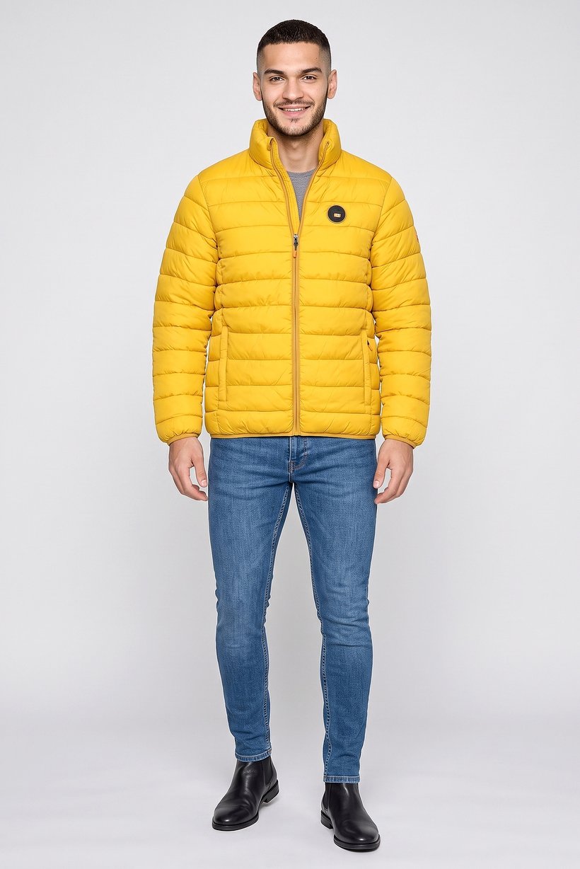 Men Brand Logo Long Sleeve Puffer Jacket, Mustard