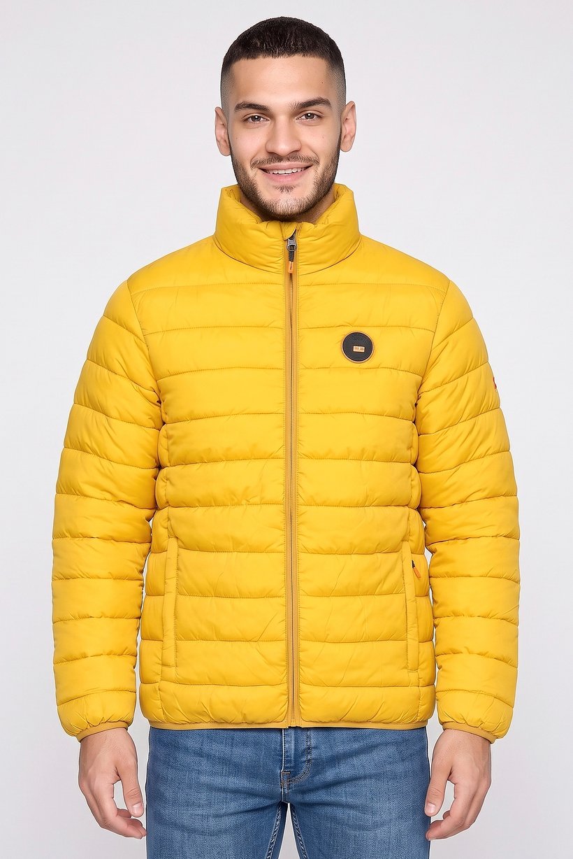 Men Brand Logo Long Sleeve Puffer Jacket, Mustard