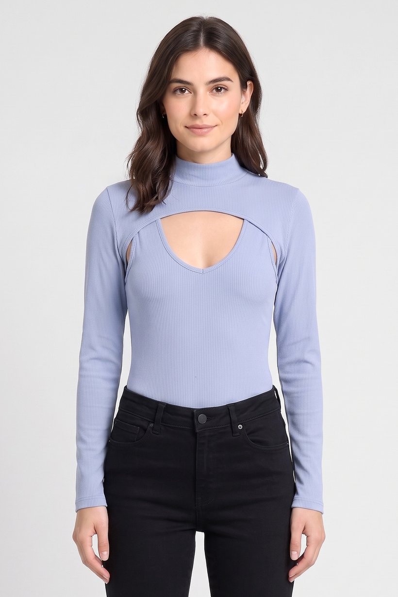 Women 2 Pieces Mock Neck Long Sleeve Ribbed Bodysuit, Dusty Blue