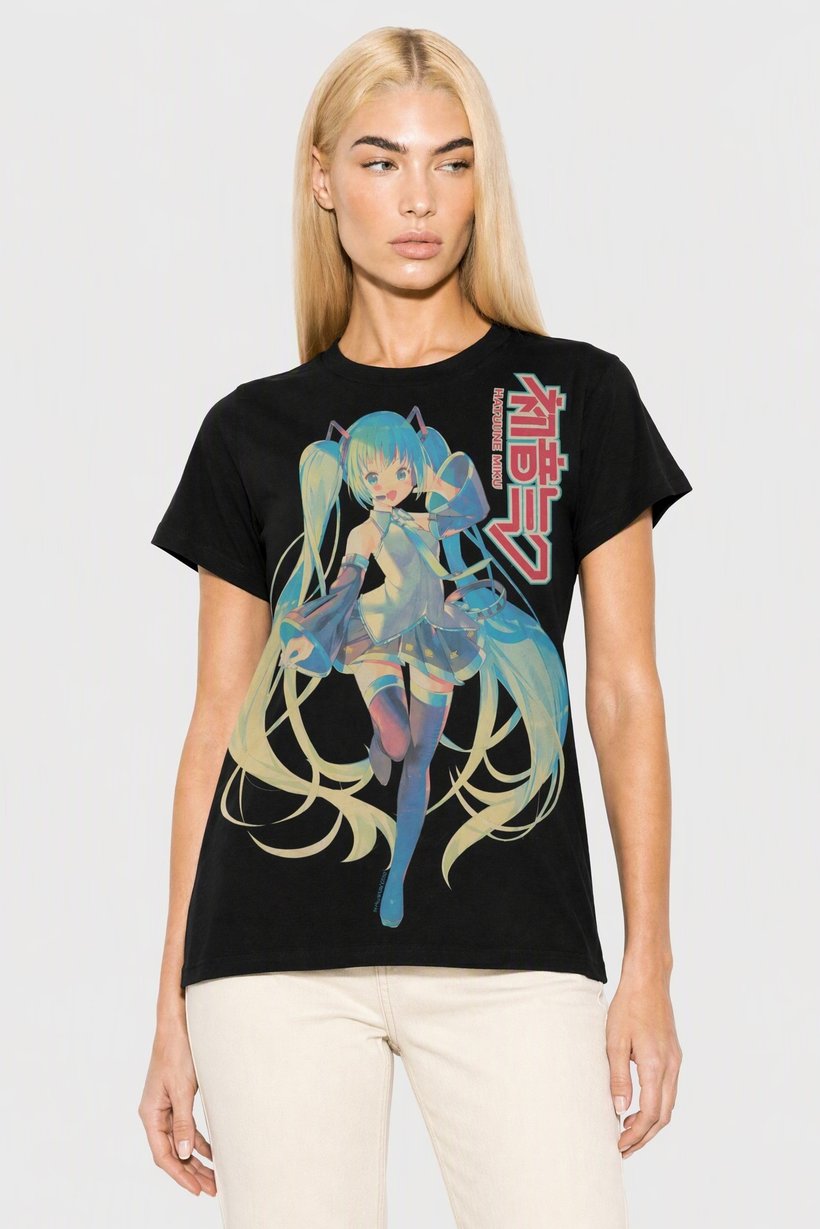 Hatsune Mike Women Crew Neck Short Sleeve Graphic Print T-Shirt, Black