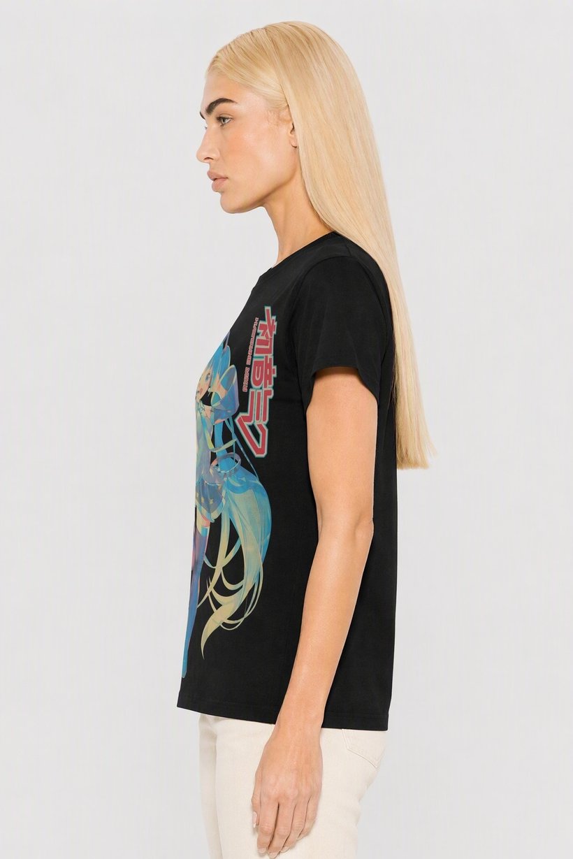 Hatsune Mike Women Crew Neck Short Sleeve Graphic Print T-Shirt, Black