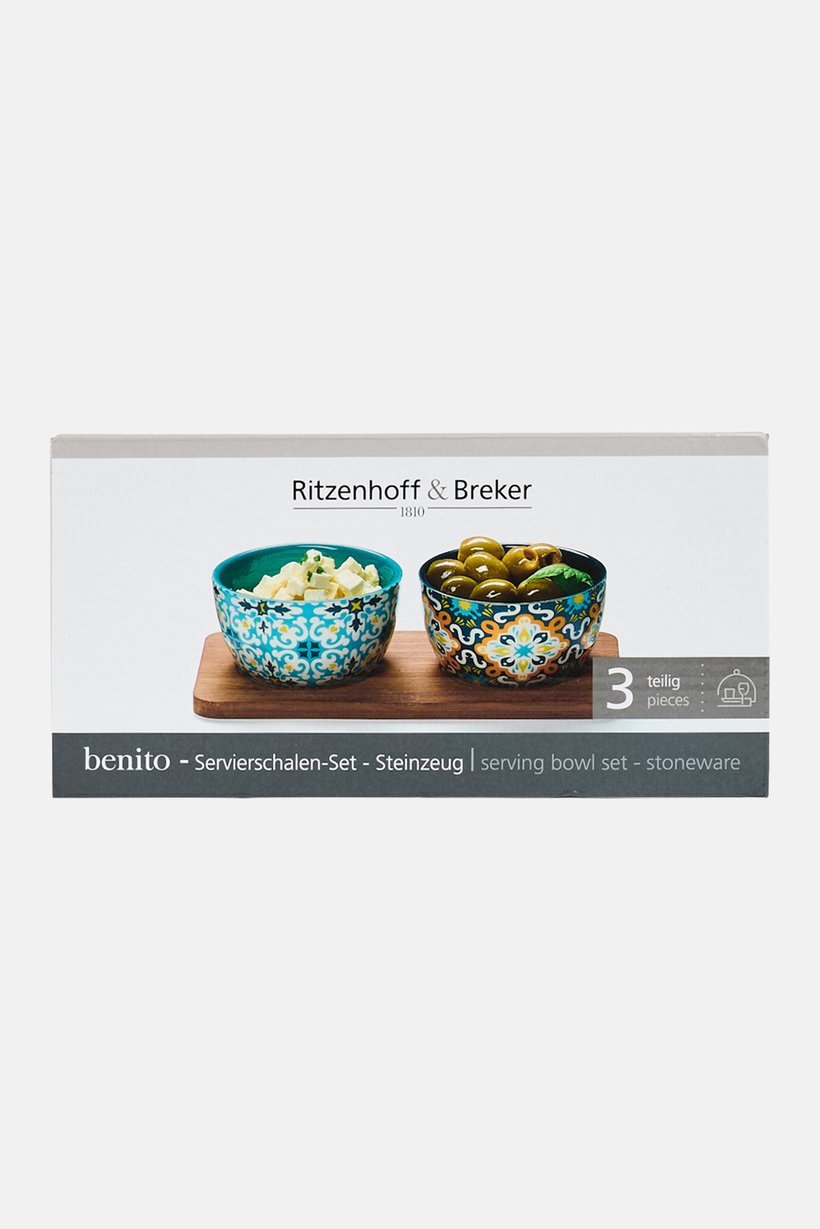 3 Pieces Graphic Print Serving Bowl Set With Tray, Multicolor