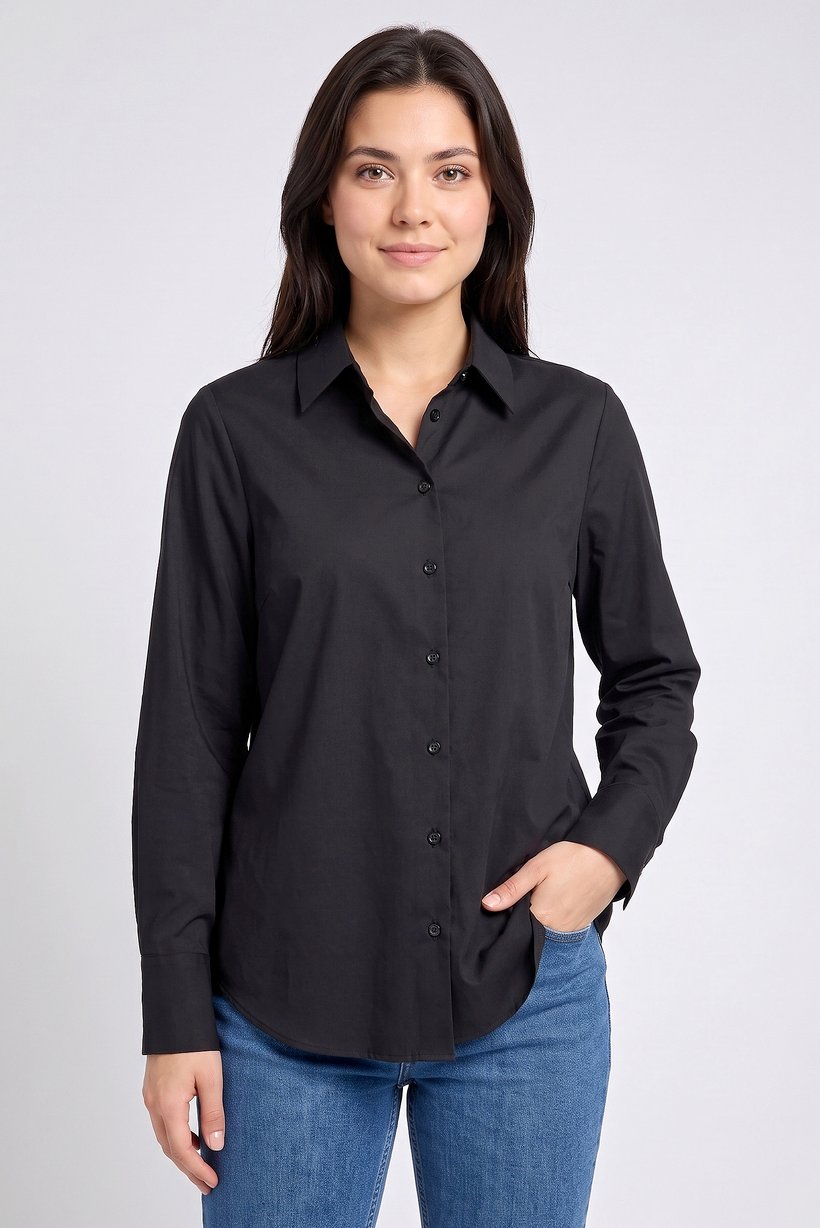 Women Spread Collar Long Sleeve Plain Shirt, Black