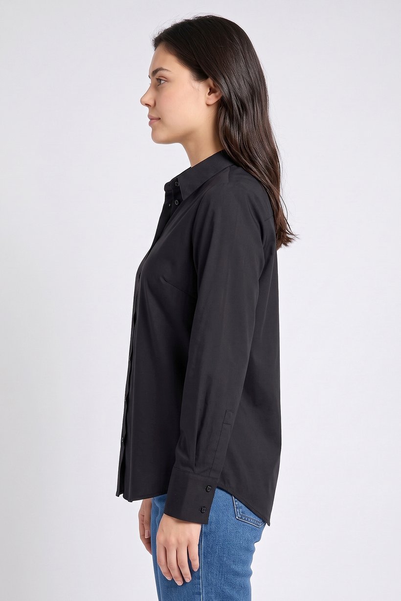 Women Spread Collar Long Sleeve Plain Shirt, Black