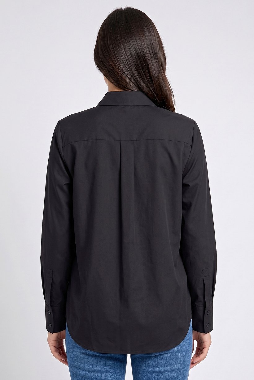 Women Spread Collar Long Sleeve Plain Shirt, Black