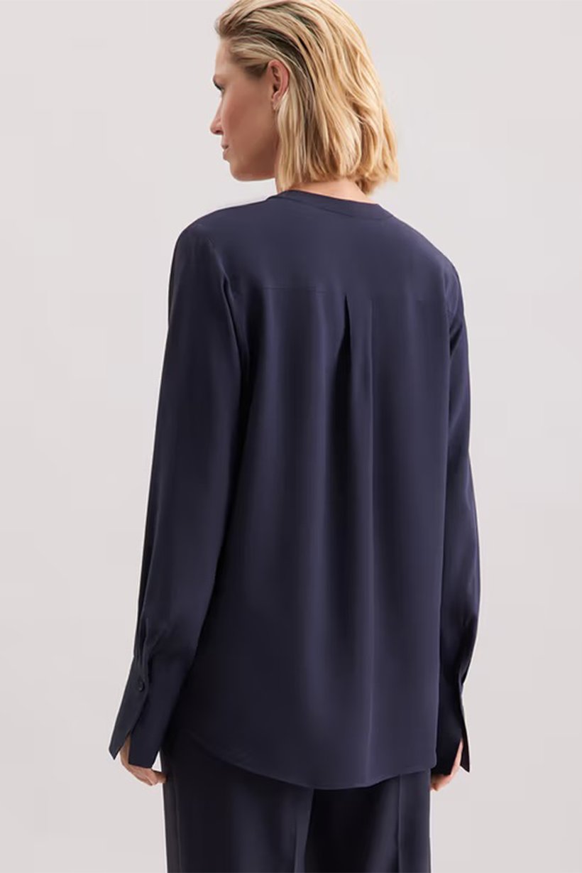 Women Split Neck Long Sleeve Plain Tunic Top, Navy