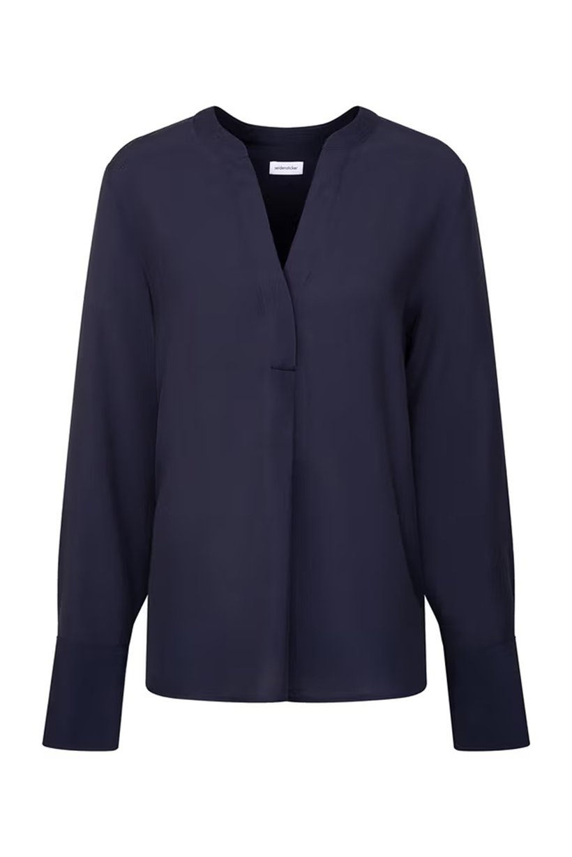 Women Split Neck Long Sleeve Plain Tunic Top, Navy