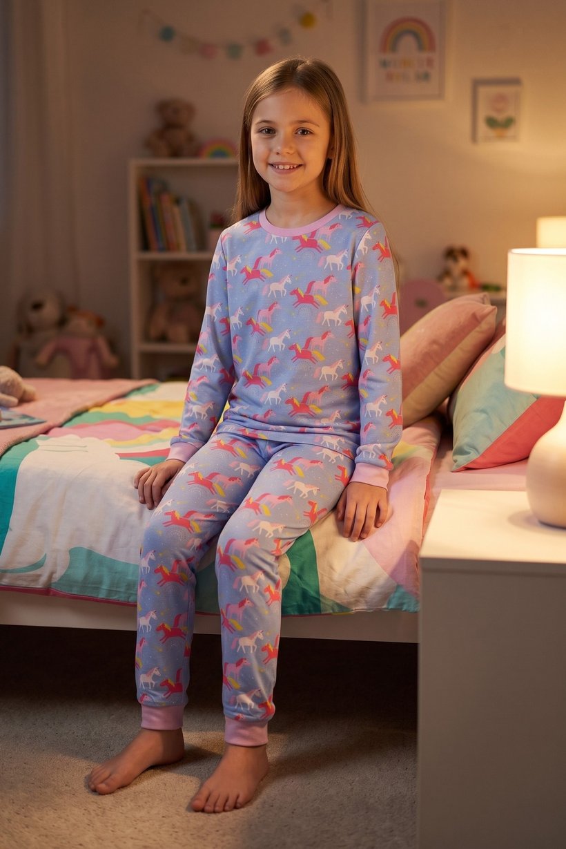 Kids Girl 2 Pieces Long Sleeve Allover Print Top And Bottom Pajama Set, Multicolor