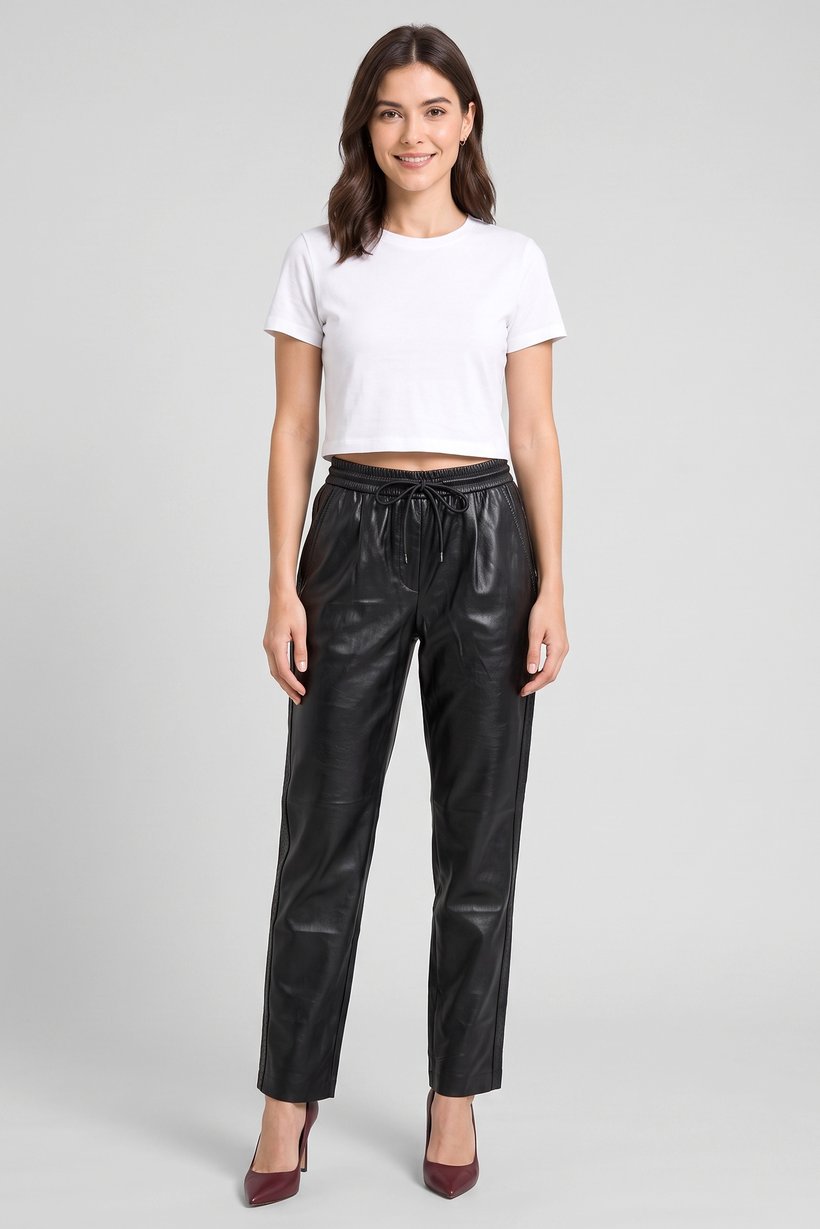 Boss Women Regular Fit Solid Leather Straight Leg Pants, Black
