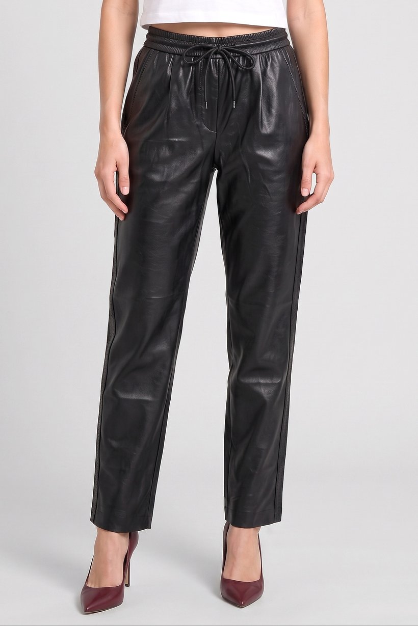 Boss Women Regular Fit Solid Leather Straight Leg Pants, Black