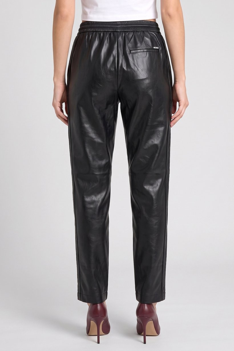 Boss Women Regular Fit Solid Leather Straight Leg Pants, Black
