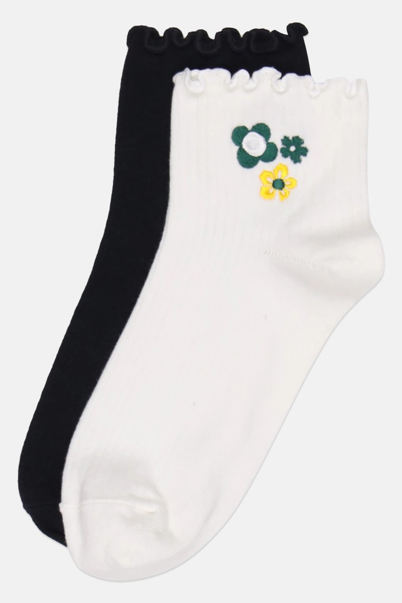 Women 2 Pairs Embroidered Ankle Socks, Multicolor
