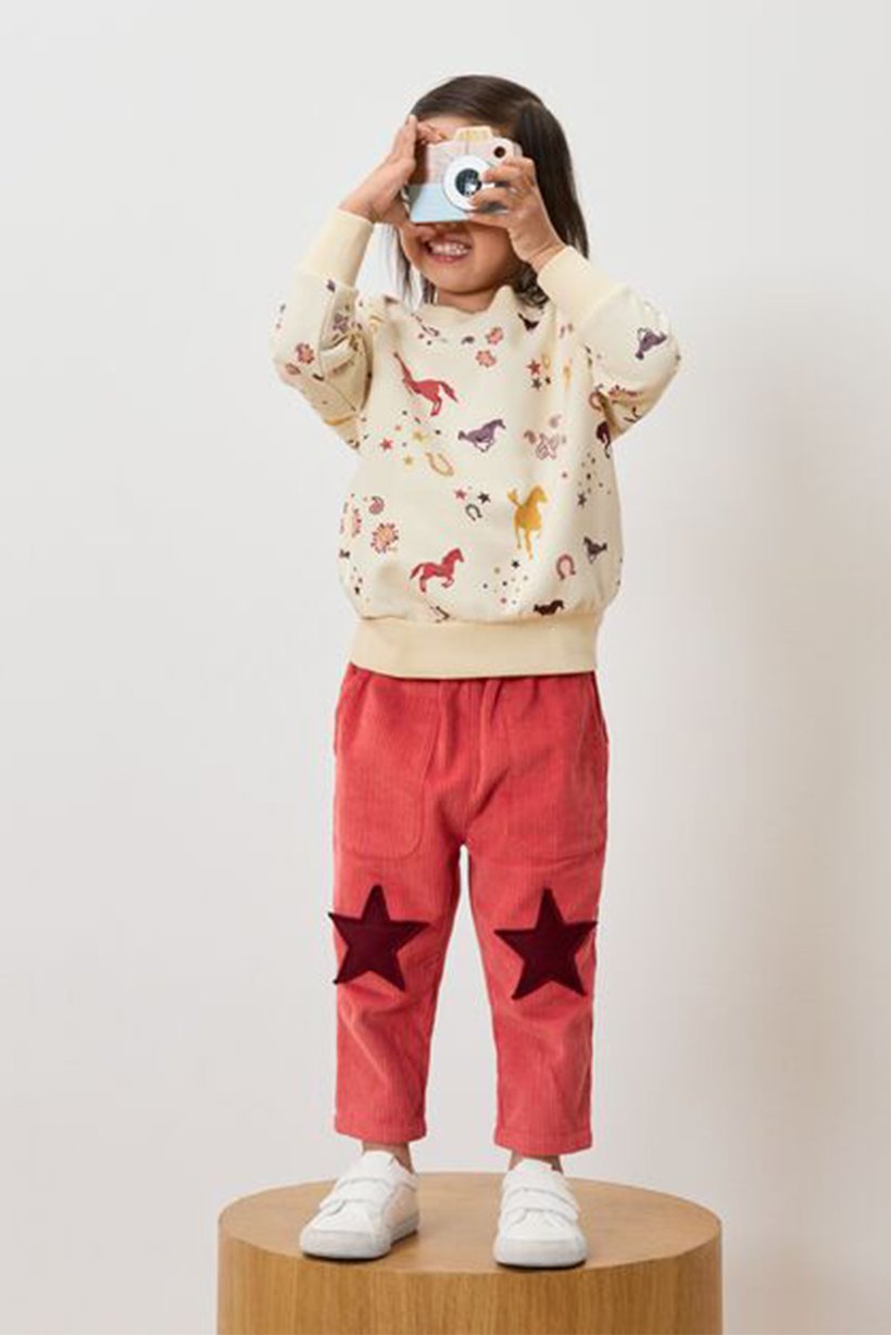 Kids Girl Regular Fit Embroidered Corduroy Pants, Reddish Orange