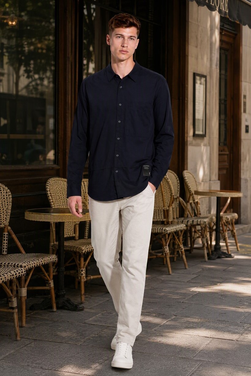 Men Regular Fit Long Sleeve Plain Casual Shirt, Navy Blue