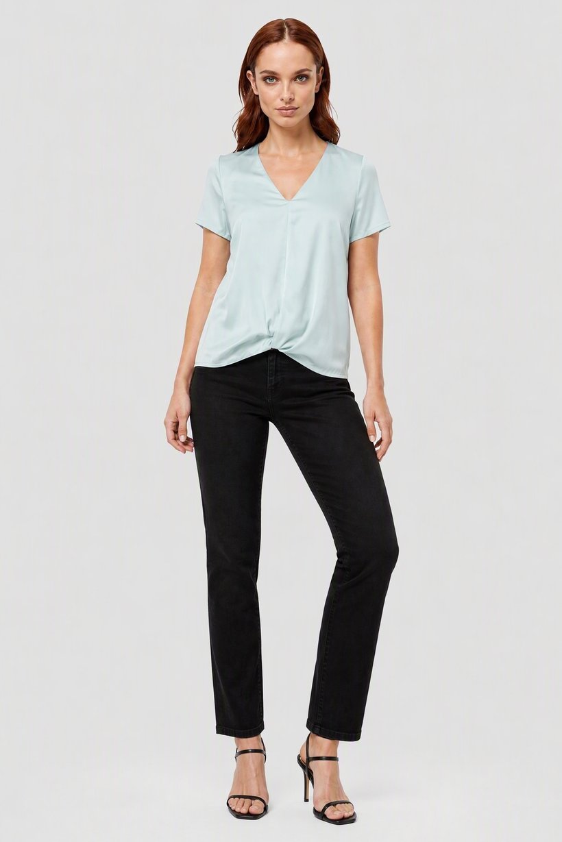 Find x Amazon Women V-Neck Solid Short Sleeve Top, Aqua Green