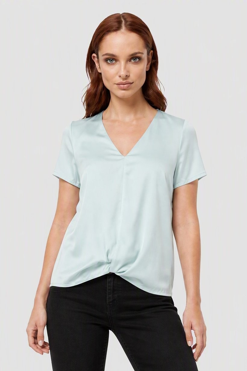 Find x Amazon Women V-Neck Solid Short Sleeve Top, Aqua Green