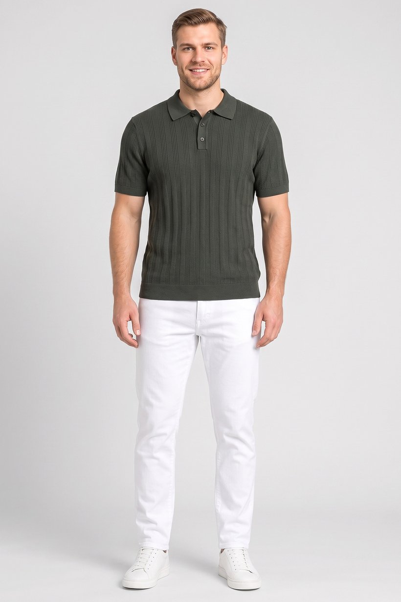 Men Regular Fit Textured Short Sleeve Polo Shirt, Green