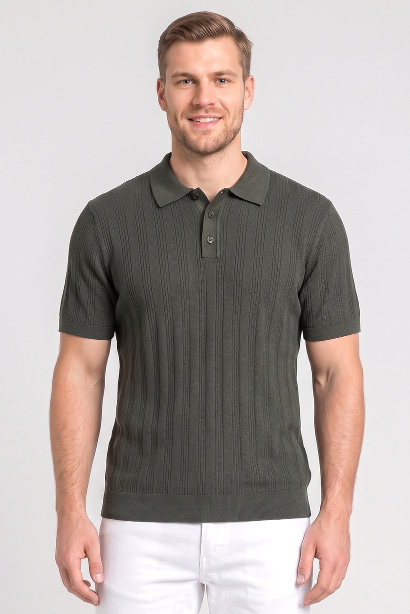 Men Regular Fit Textured Short Sleeve Polo Shirt, Green