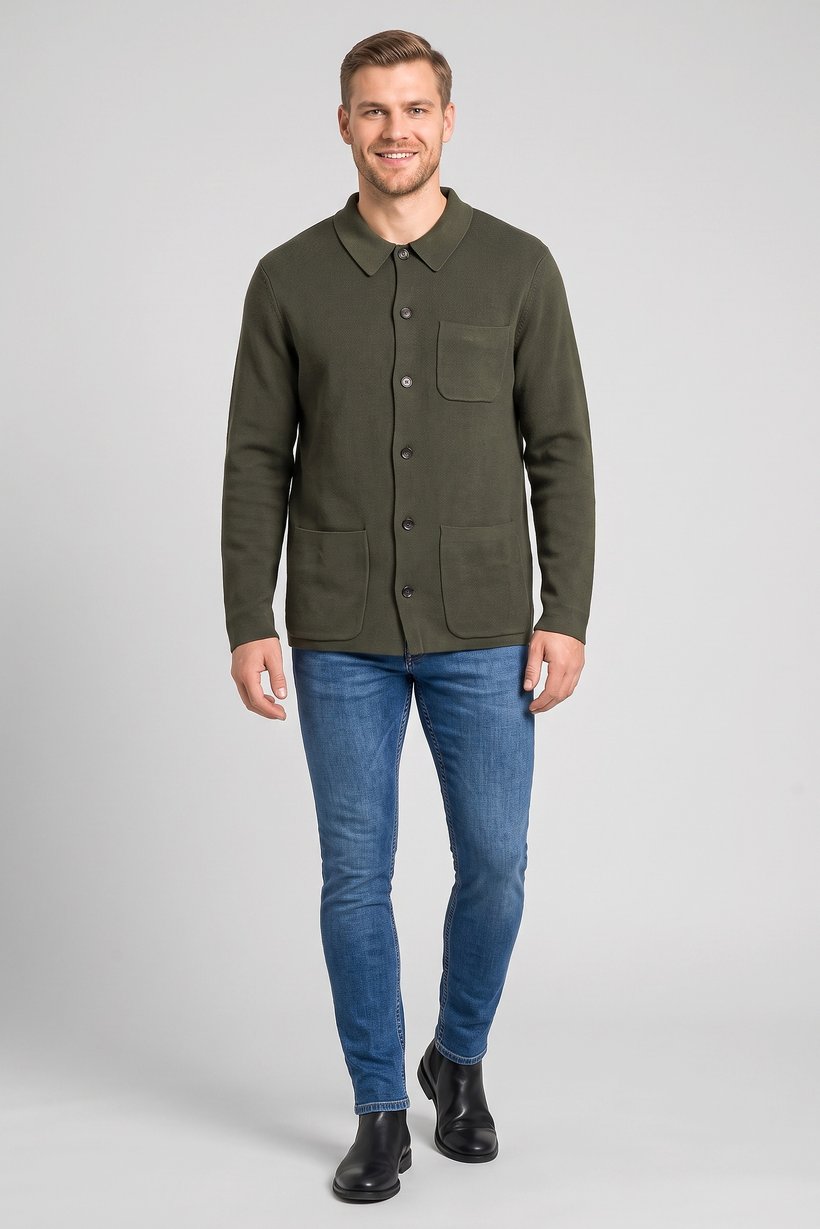 Men Spread Neck Knitted Cardigan, Green