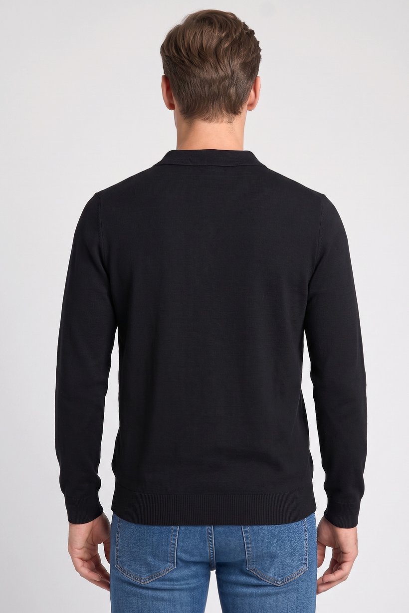 Men Spread Collar Long Sleeve Knitted Polo Shirt, Black