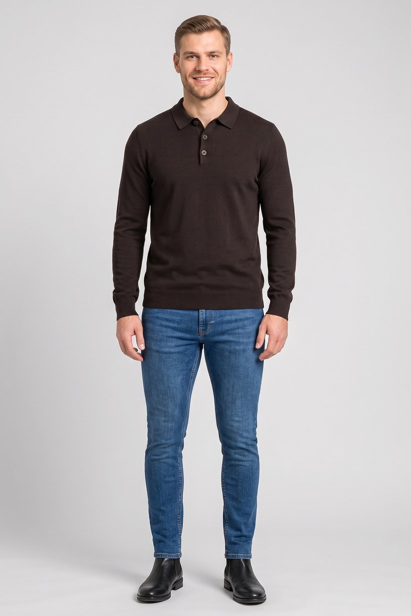 Men Spread Collar Long Sleeve Knitted Polo Shirt, Brown