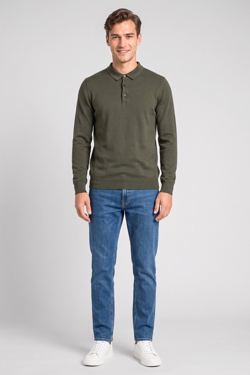 Men Spread Collar Long Sleeve Knitted Polo Shirt, Olive