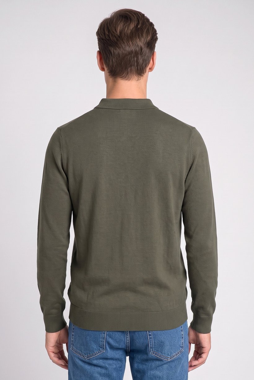 Men Spread Collar Long Sleeve Knitted Polo Shirt, Olive