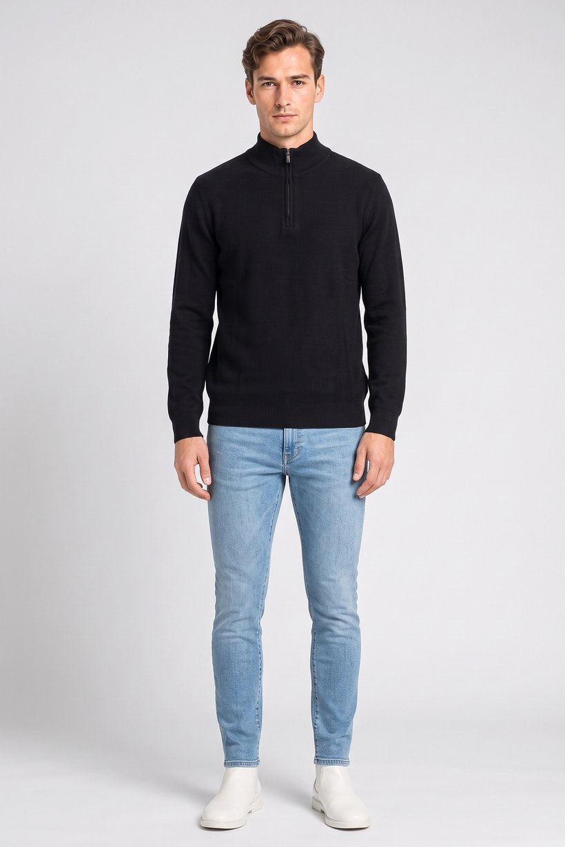 Men Mock Neck Knitted Sweater, Navy