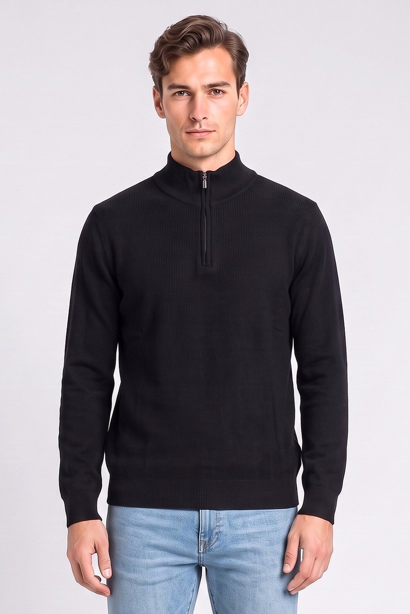 Men Mock Neck Knitted Sweater, Navy