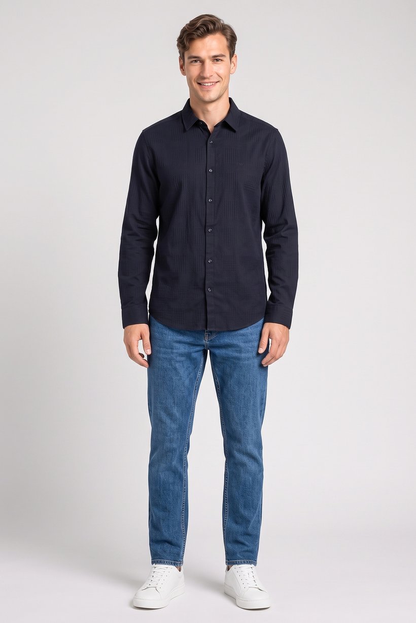 Men Regular Fit Long Sleeve Textured Casual Shirt, Navy