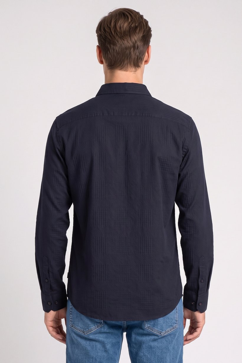 Men Regular Fit Long Sleeve Textured Casual Shirt, Navy
