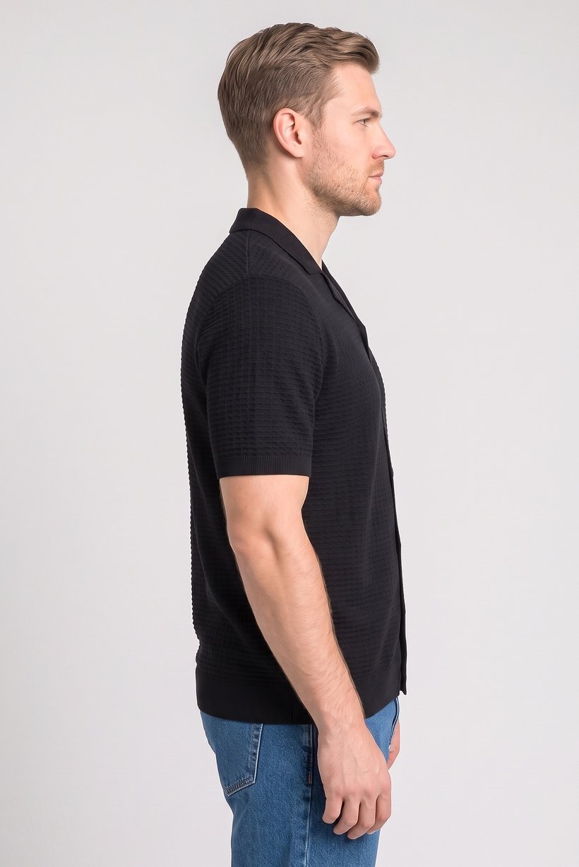 Men Spread Collar Short Sleeve Textured Polo Shirt, Navy