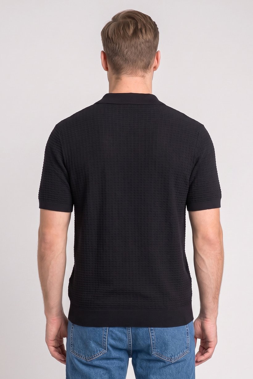 Men Spread Collar Short Sleeve Textured Polo Shirt, Navy