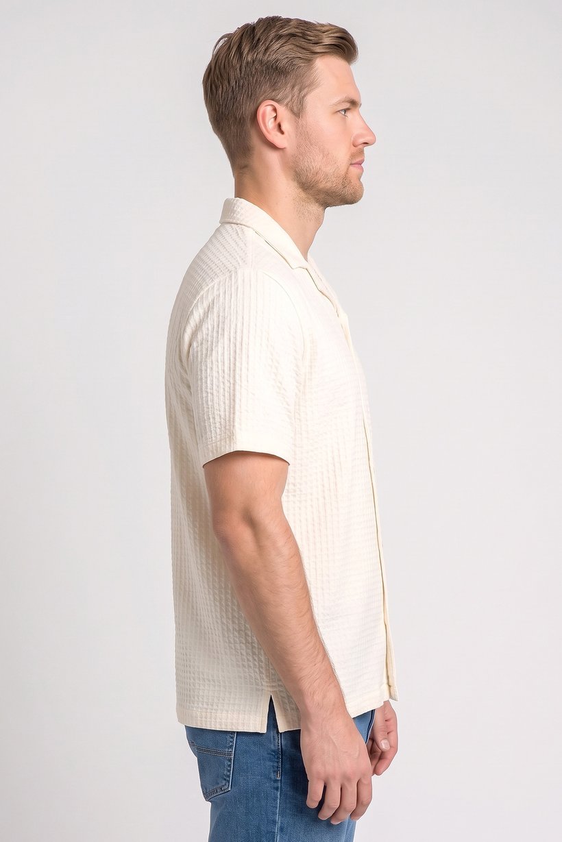 Men Regular Fit Textured Short Sleeve Casual Shirt, Beige
