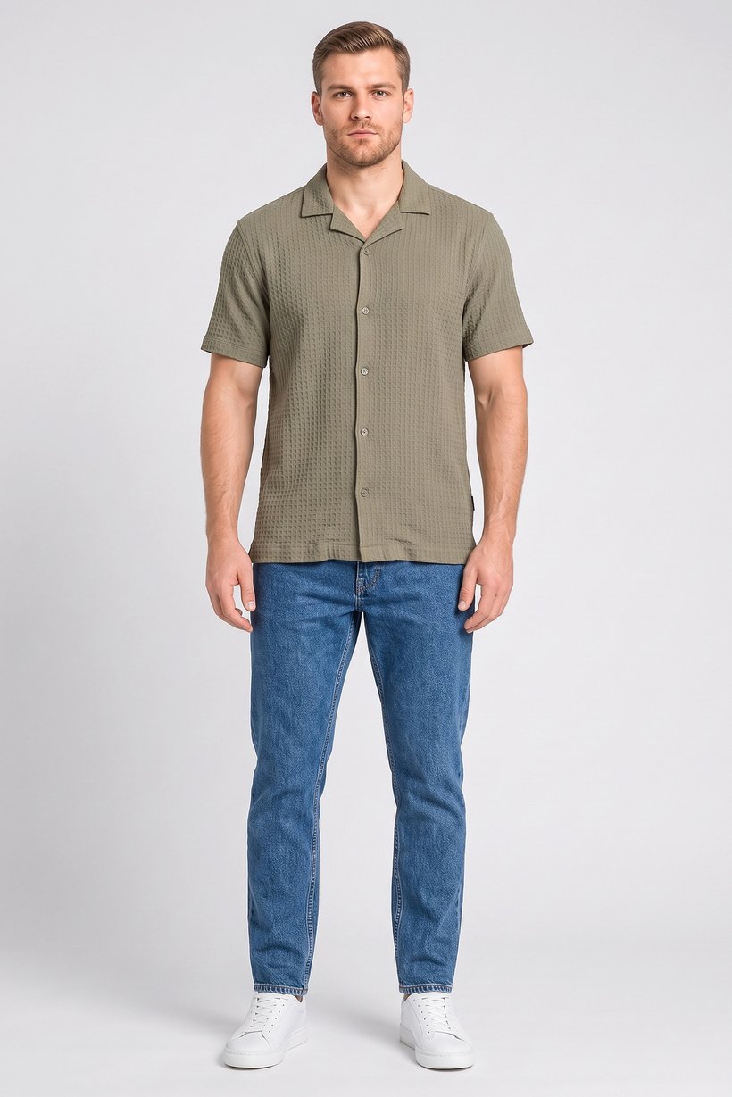Men Regular Fit Textured Short Sleeve Casual Shirt, Olive