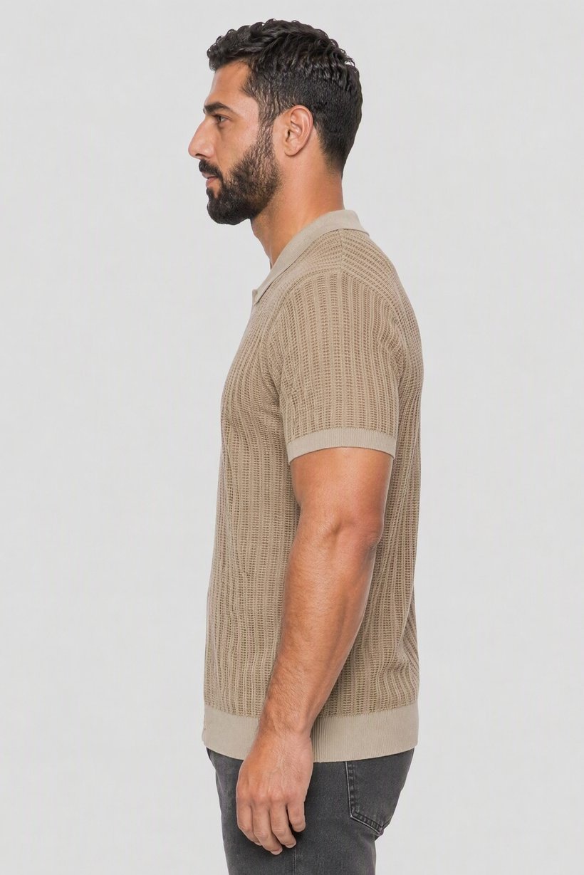 Men Spread Collar Short Sleeve Knitted Polo Shirt, Beige