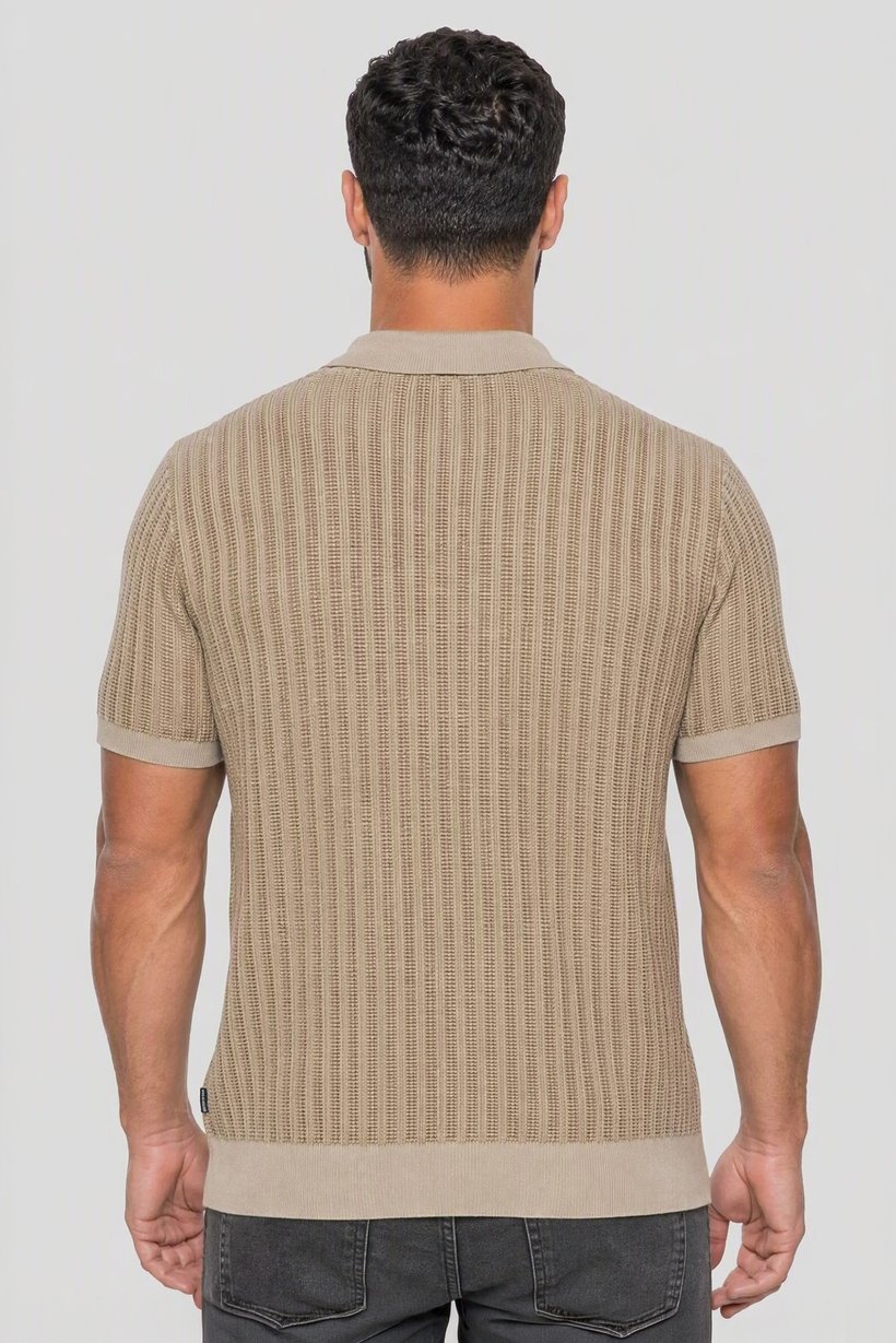 Men Spread Collar Short Sleeve Knitted Polo Shirt, Beige