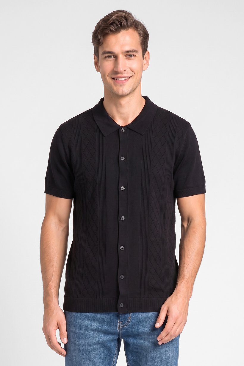 Men Regular Fit Short Sleeve Textured Polo Shirt, Black