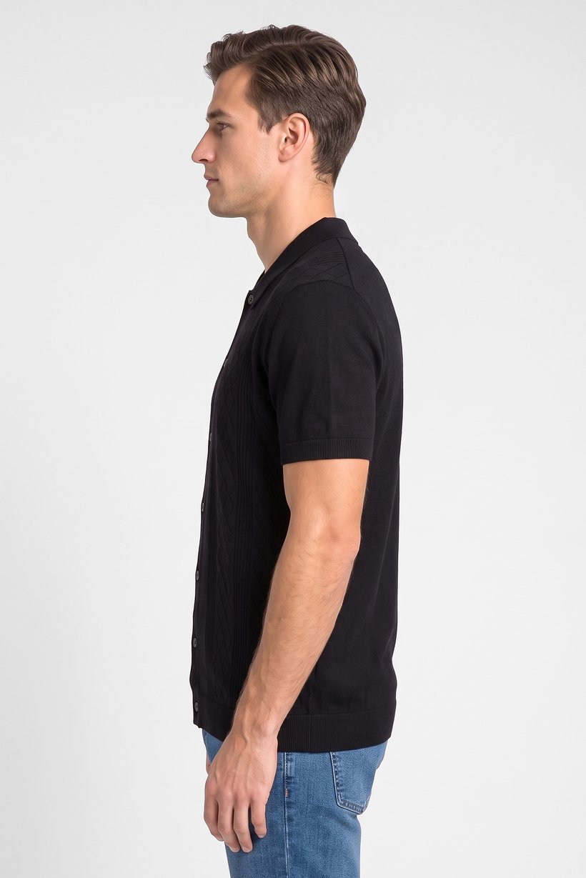 Men Regular Fit Short Sleeve Textured Polo Shirt, Black