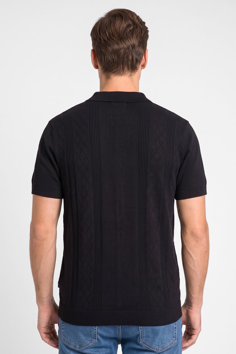 Men Regular Fit Short Sleeve Textured Polo Shirt, Black
