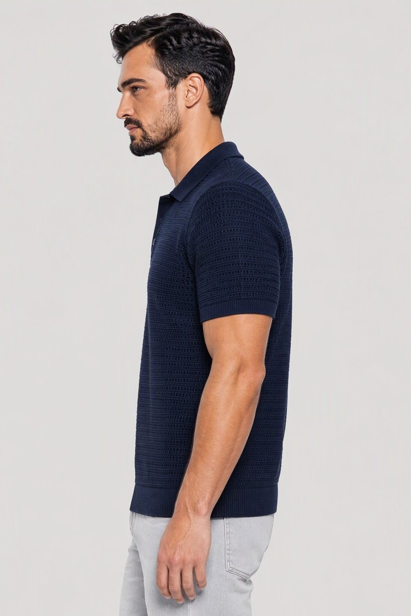 Men Regular Fit Knitted Short Sleeve Polo, Navy Blue