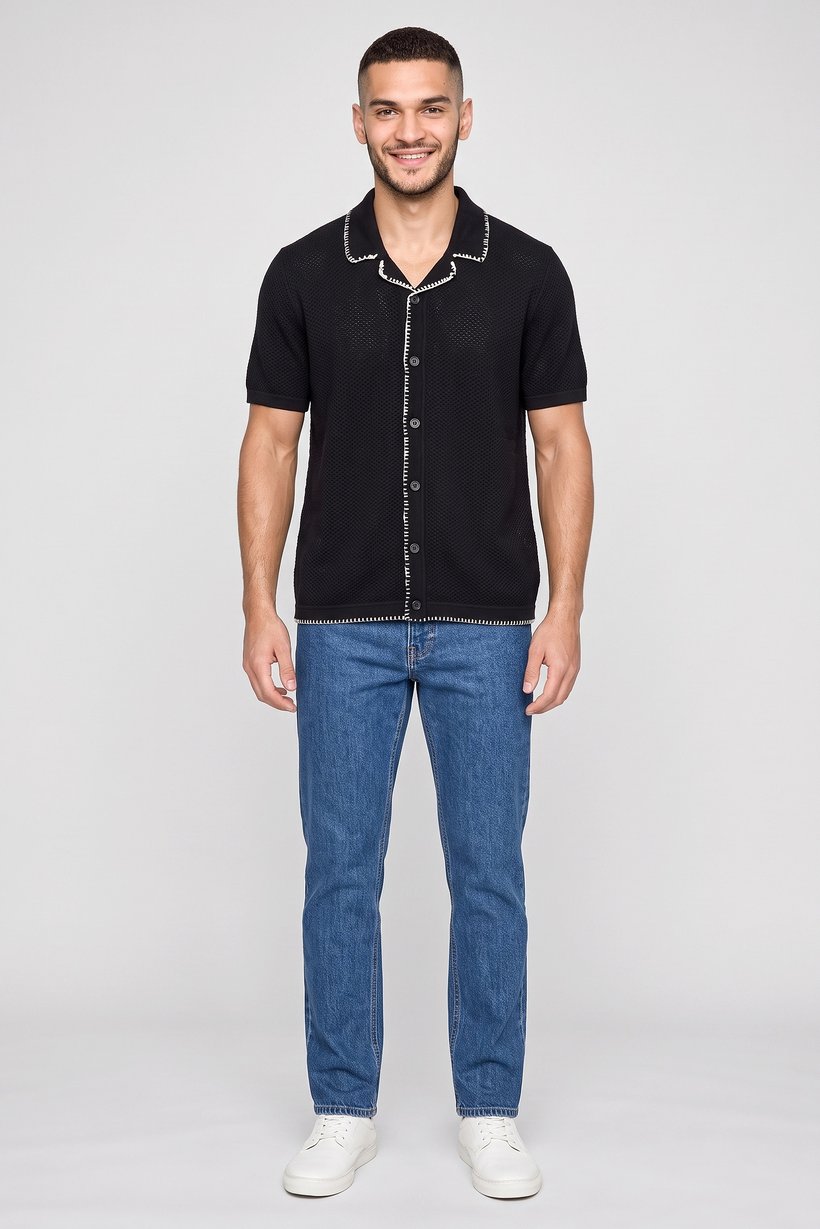 Men Regular Fit Textured Short Sleeve Casual Shirt, Black