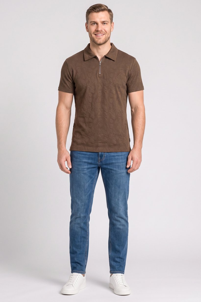 Men Regular Fit Short Sleeve Textured Polo Shirt, Brown