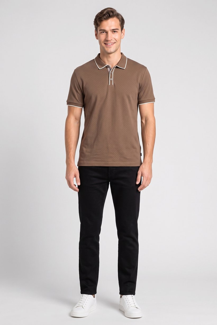 Men Regular Fit Short Sleeve Textured Polo Shirt, Dusty Brown