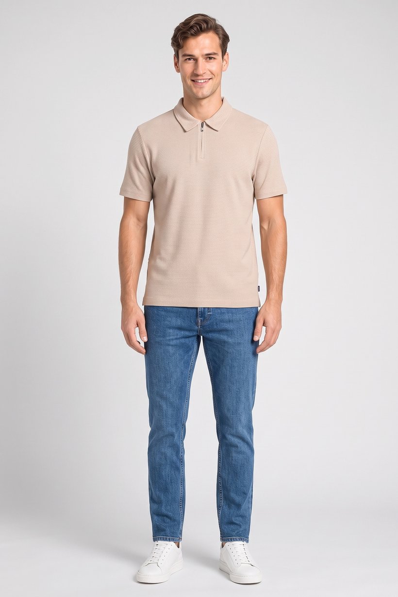 Men Regular Fit Short Sleeve Textured Polo Shirt, Beige
