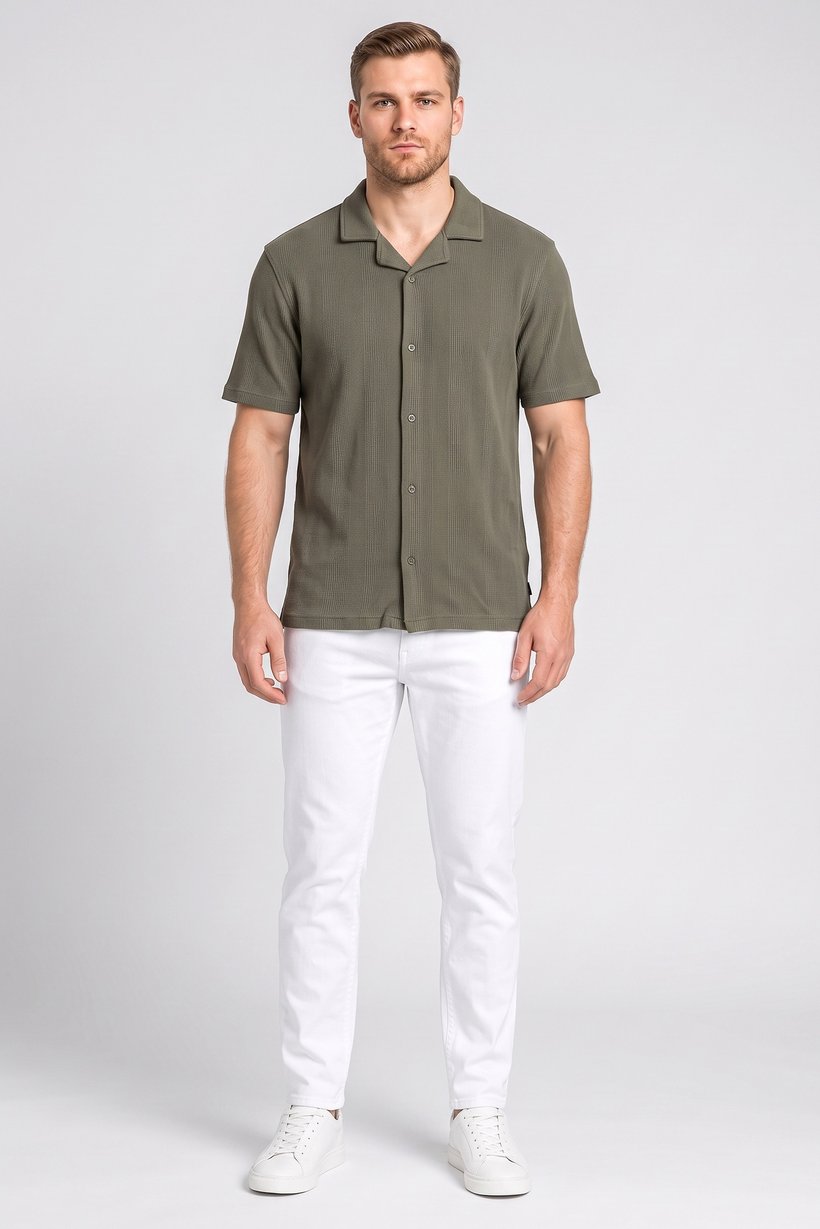 Men Regular Fit Jacquard Waffle Short Sleeve Polo Shirt, Olive